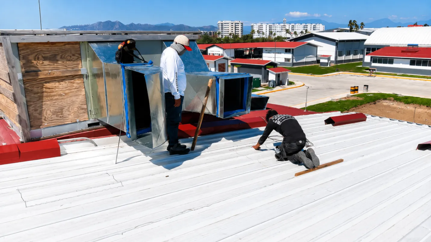 Técnicos instalando ductería metálica de ventilación