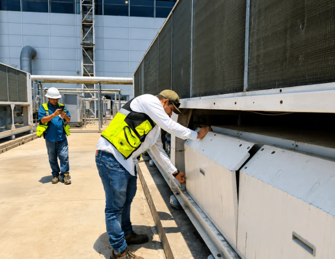 Personal técnico realizando mantenimiento en un chiller